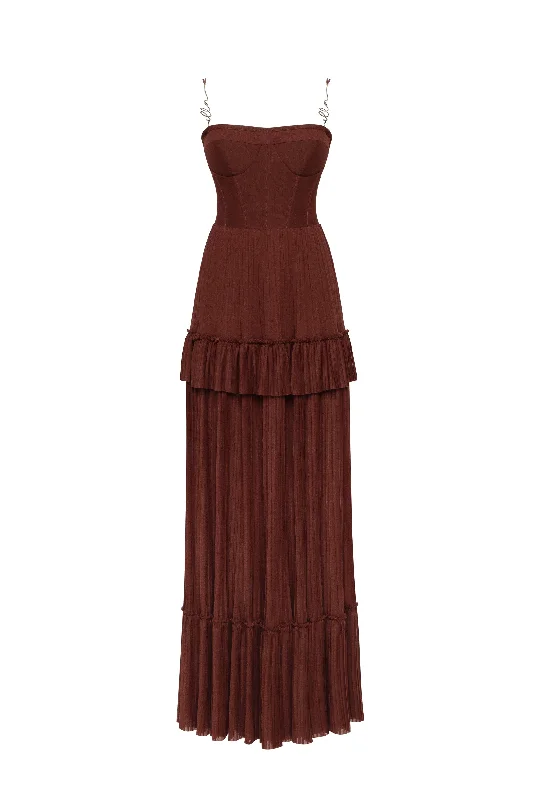 women's high-low dressesChocolate spaghetti strap pleated maxi dress, Garden of Eden