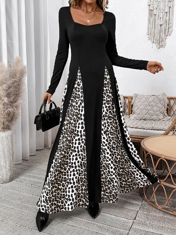 Spaghetti Strap DressLeopard Patchwork Long Sleeves A-Line Maxi Dress