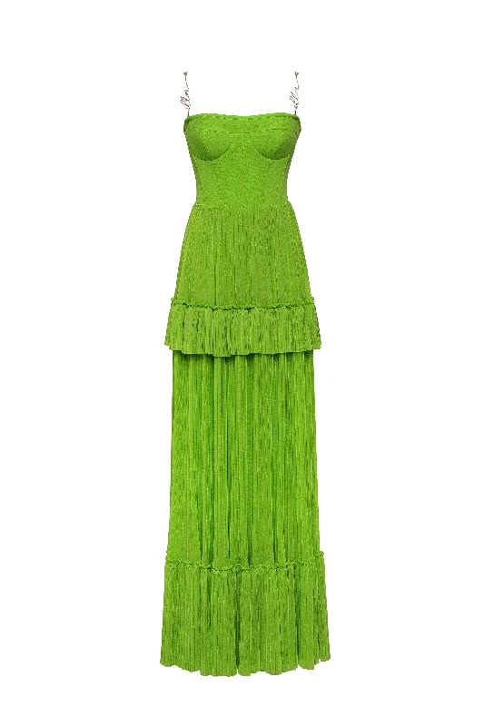 Glamour DressGreen spaghetti strap pleated maxi dress, Garden of Eden