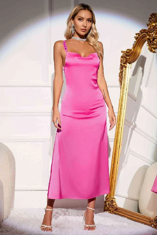 women's sleeveless dressesHot Pink Serenade Backless Satin Maxi Dress