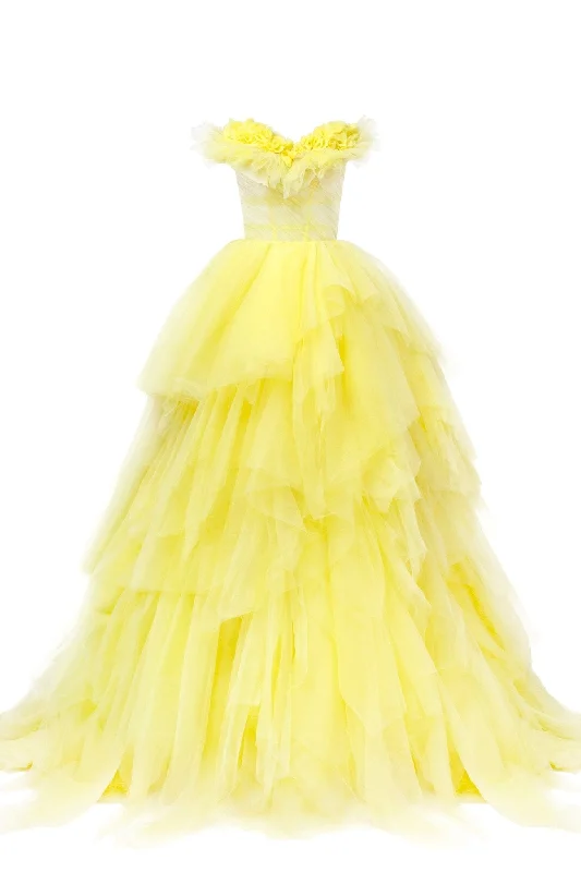 women's travel dressesFairytale frill-layered maxi dress in vivid yellow