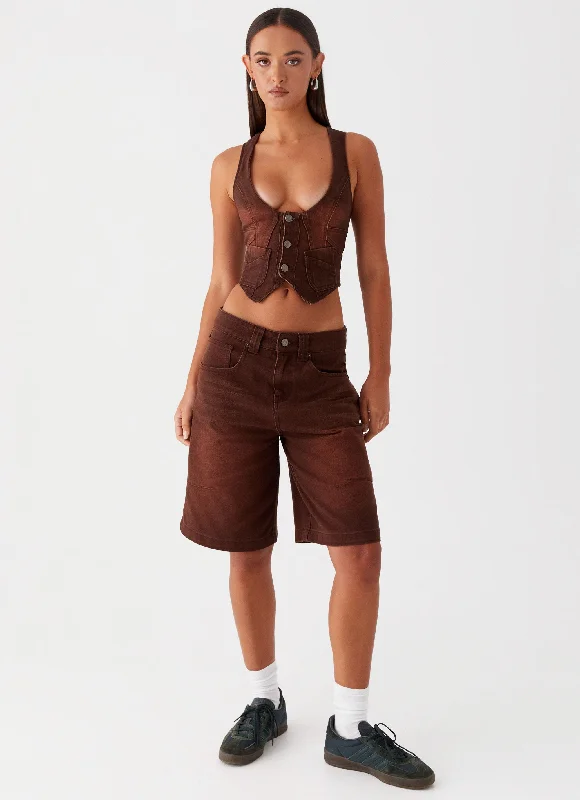 Heading South Denim Jorts - Brown