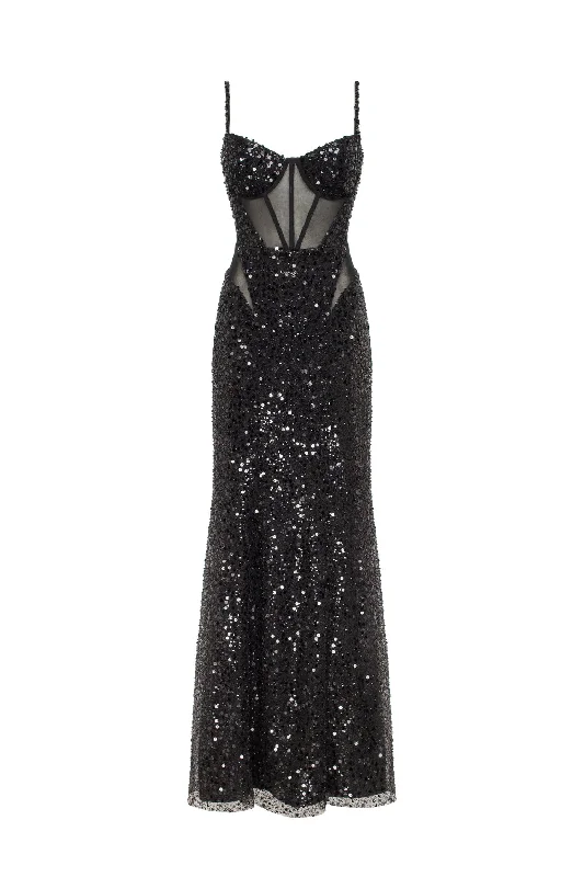 Ruffled Hem DressSensational black maxi on spaghetti straps covered in sequins, Smoky Quartz