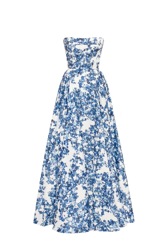 Plunging Neckline DressRavishing blue hydrangea corset maxi dress, Garden of Eden