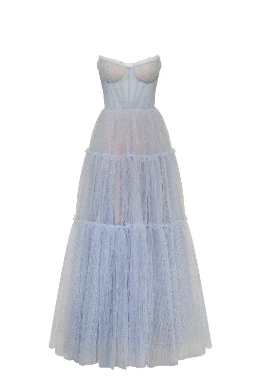 women's casual dressesCloudy blue tulle maxi dress with ruffled skirt, Garden of Eden