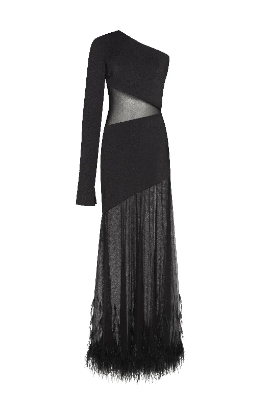 Leather DressOne-shoulder maxi dress with feather-trimmed bottom, Xo Xo