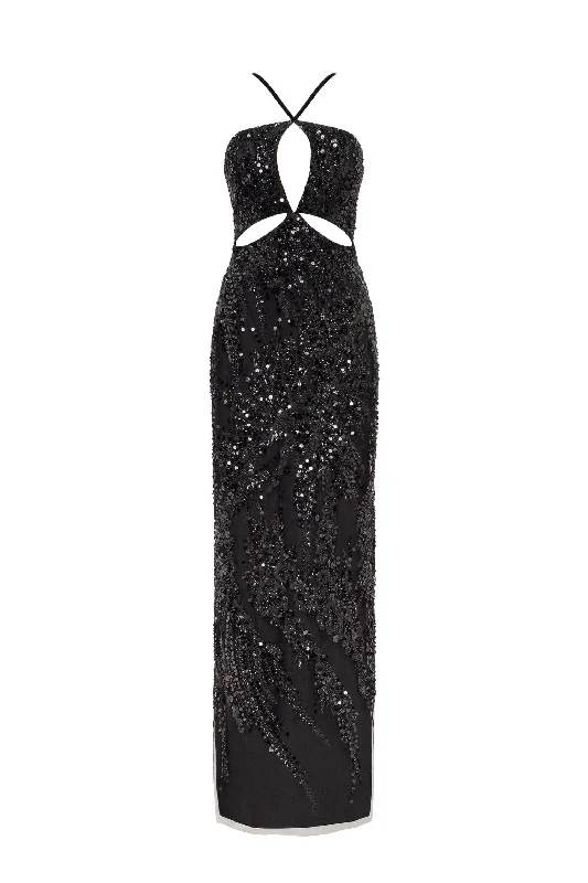 Laced DressCut-out halterneck black maxi covered in sequins, Smoky Quartz