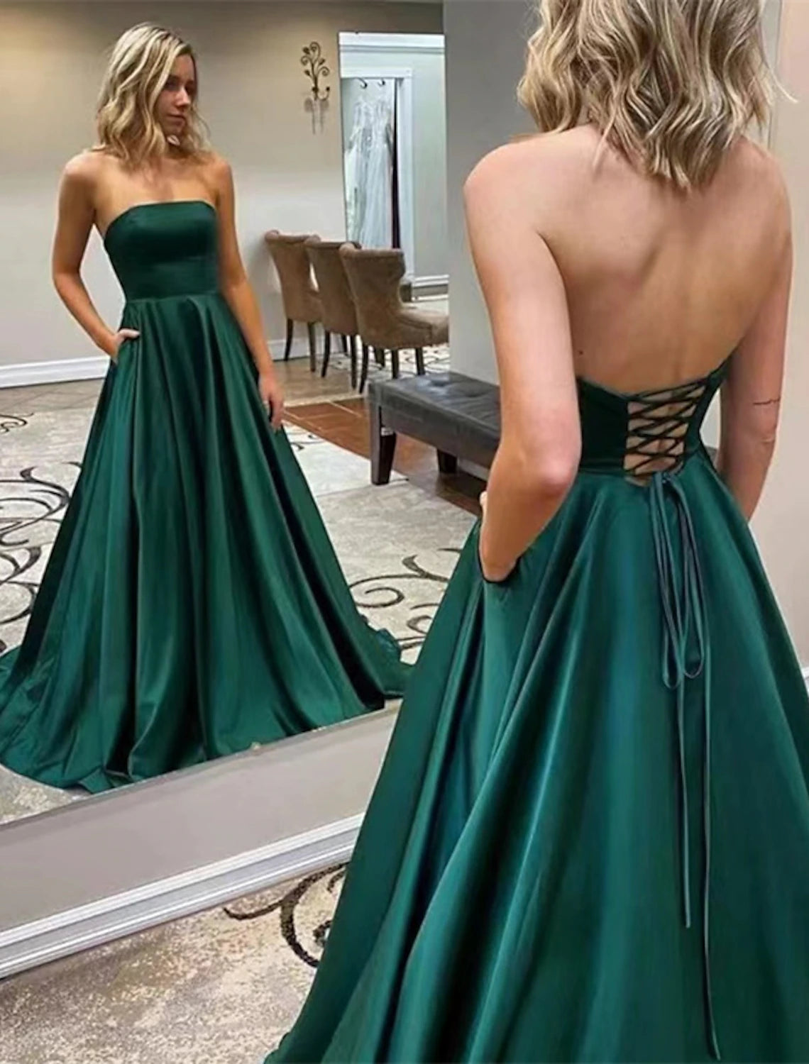 Bell-Sleeve DressA-Line Prom Dresses Maxi Dress Formal Floor Length Sleeveless Strapless Jersey Backless with Slit