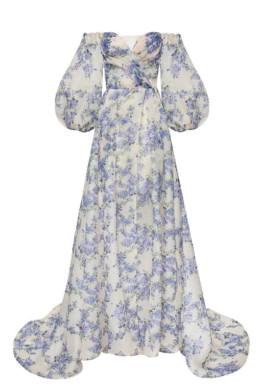 women's cold-shoulder dressesHydrangea Elegant floral puff sleeve maxi dress