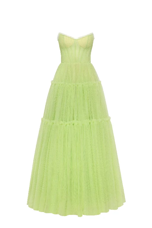 Scoop-Neck DressLight green tulle maxi dress with ruffled skirt, Garden of Eden