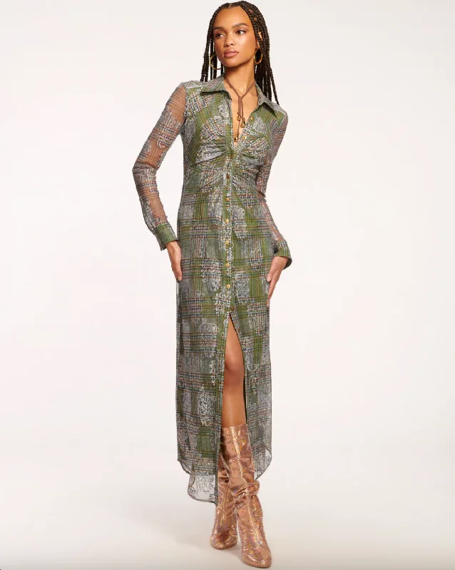 Cold-Shoulder DressWyatt Button Down Mesh Maxi Dress - Sage Tartan