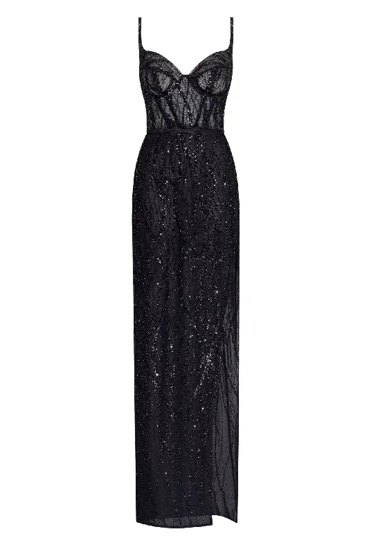 women's flowy dressesAstonishing sequined maxi gown on spaghetti straps