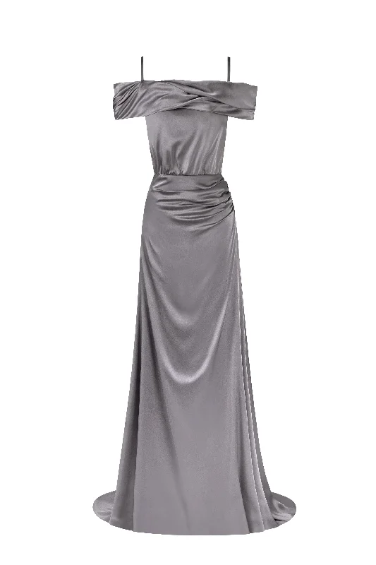 women's wrap dressesElegant silver off-the-shoulder silk maxi dress