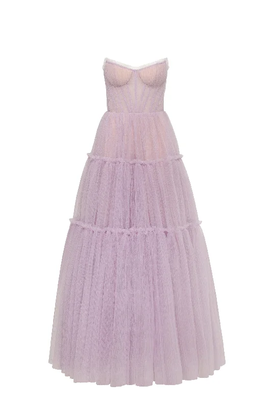 Plunging Neckline DressLavender tulle maxi dress with ruffled skirt, Garden of Eden