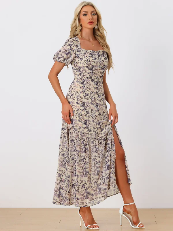 women's boho dressesFloral Puff Sleeves Square Neck Ruffle Slit Maxi Dress