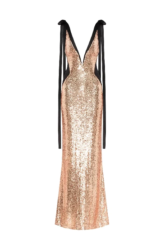 women's sheath dressesBizzare fully sequined tie-straps gold maxi dress, Smoky Quartz