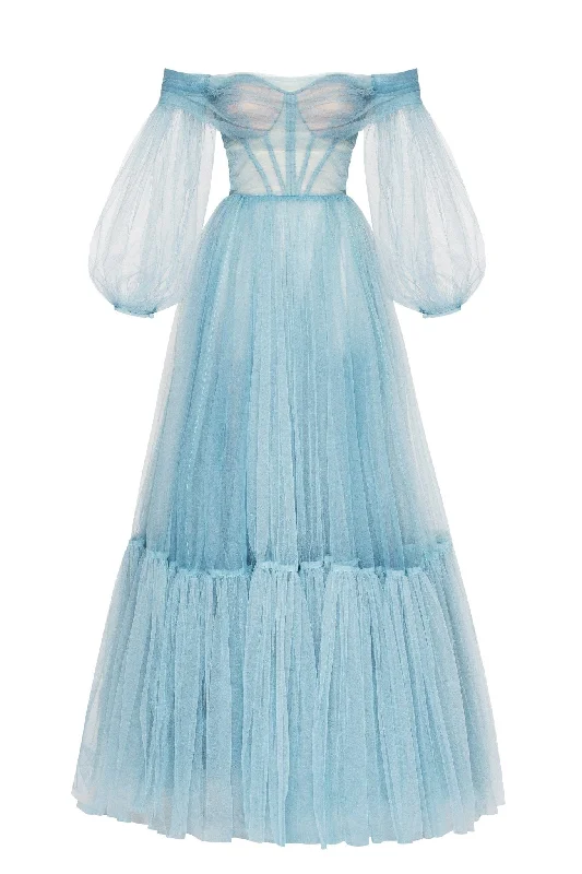 women's formal dressesOcean Wave Sheer Sleeves Maxi Tulle Dress