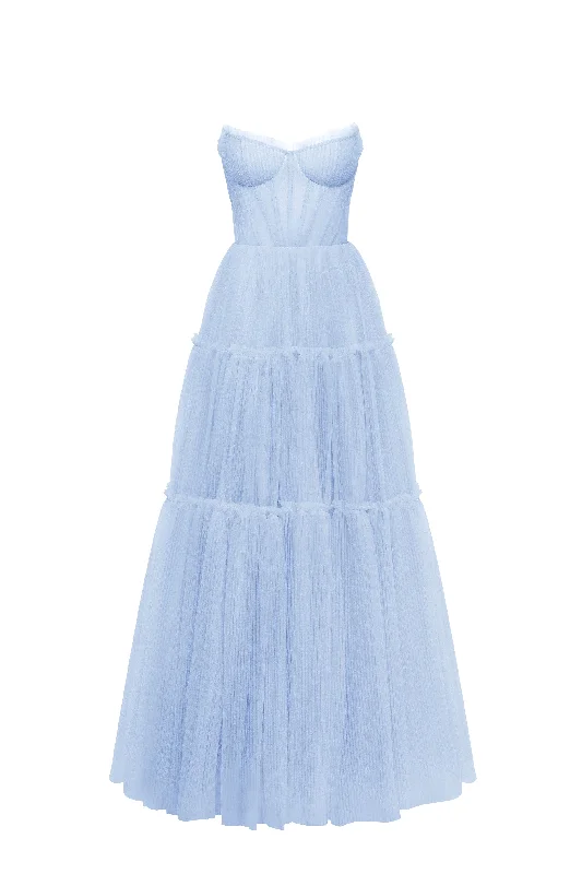 Tall Women DressLight blue tulle maxi dress with ruffled skirt, Garden of Eden