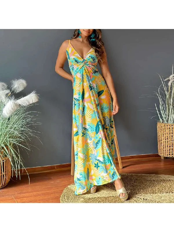 women's maximalist dressesPrint Spaghetti Straps A-line Maxi Dresses