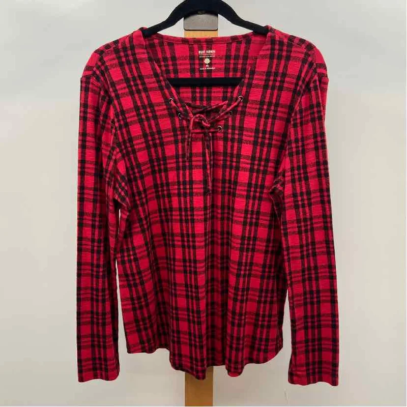 trendy women's topsRuff Hewn Women's Size PS Red Plaid Long Sleeve Shirt