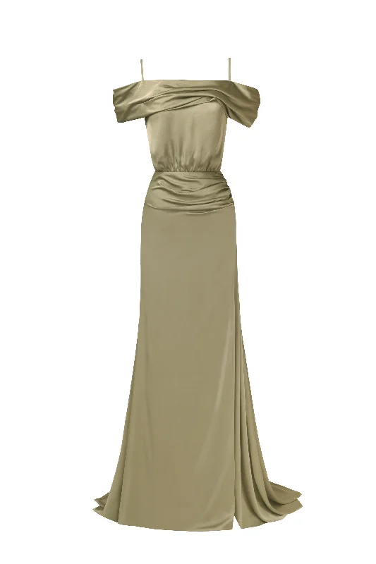 women's lace-up dressesElegant olive off-the-shoulder silk maxi dress