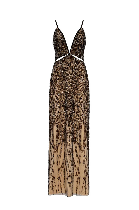 Custom DressGala-worthy beige maxi dress covered in black sequined ornament, Smoky Quartz