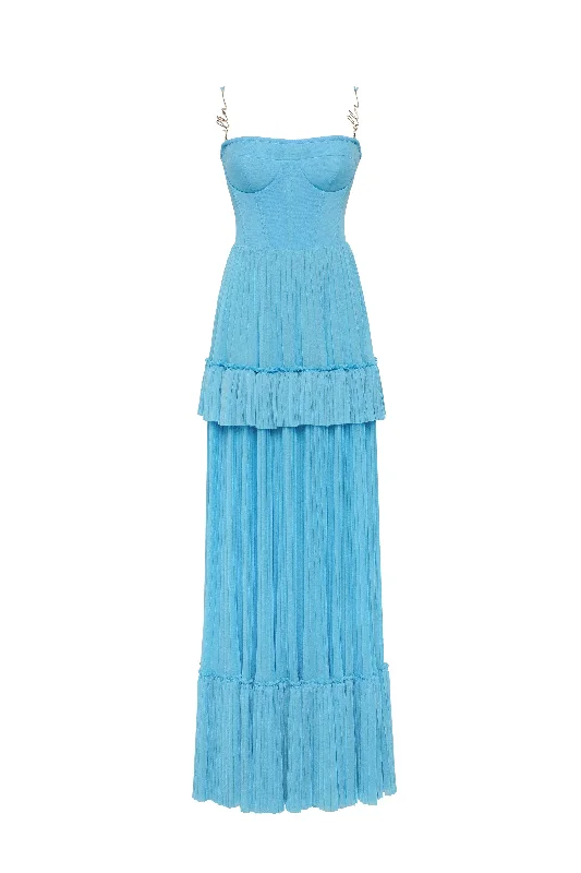 Bohemian DressSky-blue spaghetti strap pleated maxi dress, Garden of Eden