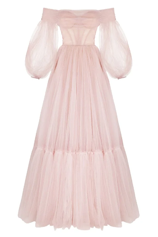 women's mini dressesMisty Rose Sheer Sleeves Maxi Tulle Dress