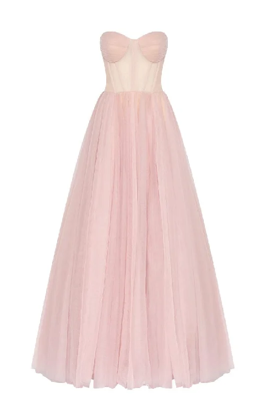 women's denim dressesMisty Rose Tulle Maxi Dress with a Corset Bustier