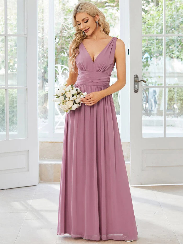 Leather DressSleeveless V-Neck Plain Chiffon Maxi Bridesmaid Dress