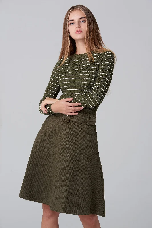 women's flowy skirtsArmy  Green Suede Skirt and Stripe Top Set