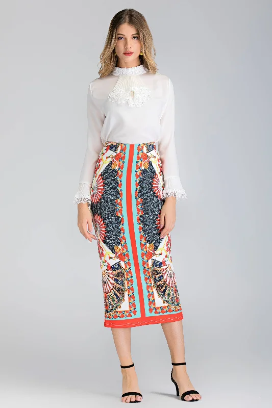 women's chic wrap skirts2 piece white Pleated Gabot Top and Printed Pencil Skirt Set