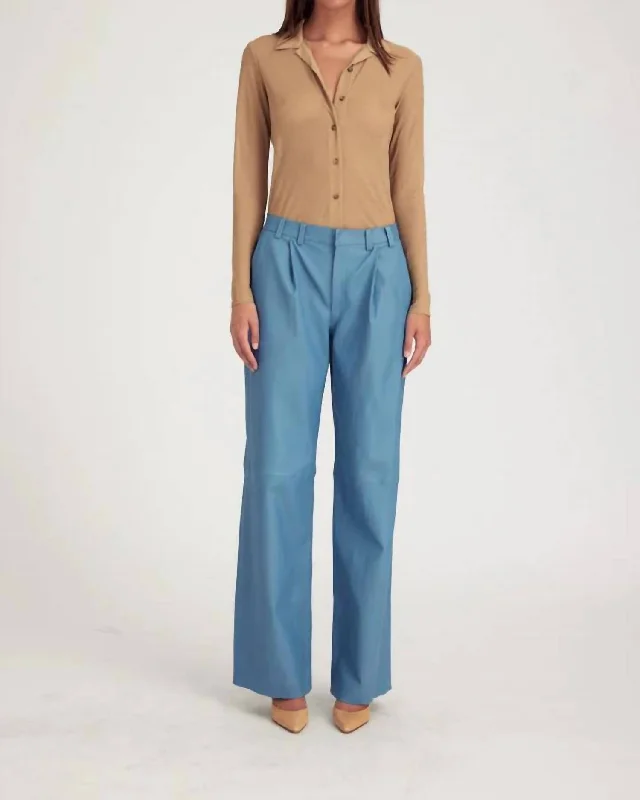 women's elastic waist pantsDeep Pleat Leather Trousers In Chambray Blue