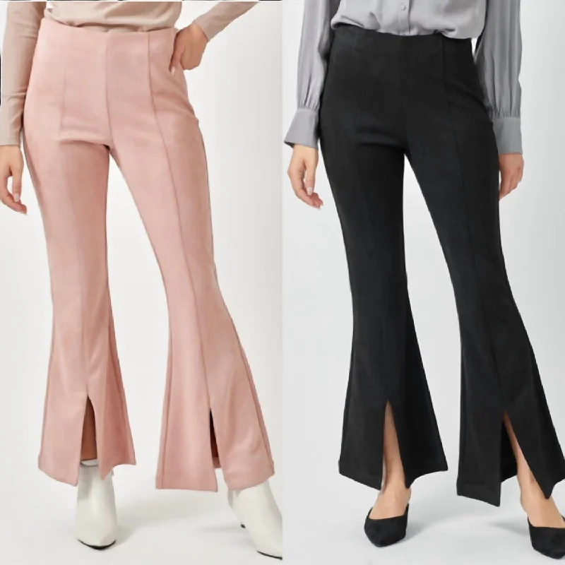 women's cool pantsSuede Flare Front Slit Pants In Pink