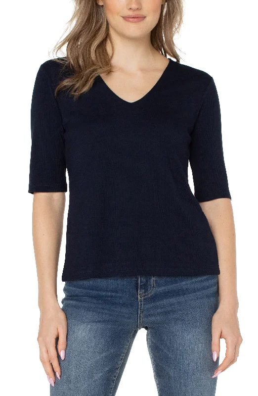 women's tops with embroidery detailsPETITE DOUBLE LAYER V-NECK RIB KNIT TOP