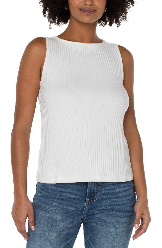 women's tops with ruffled hemsPETITE SLEEVELESS BOAT NECK RIB KNIT TOP