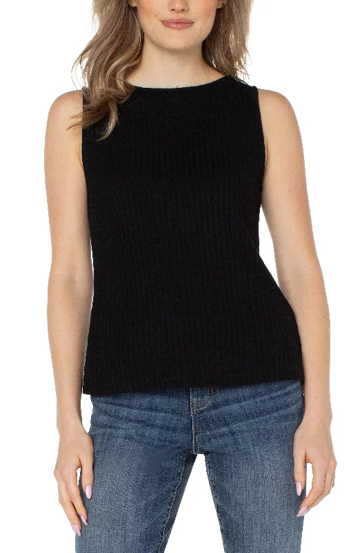 women's tops with cinched waistsPETITE SLEEVELESS BOAT NECK RIB KNIT TOP