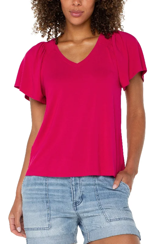 women's tops for those who love bold and vibrant colorsFLUTTER SLEEVE KNIT TOP