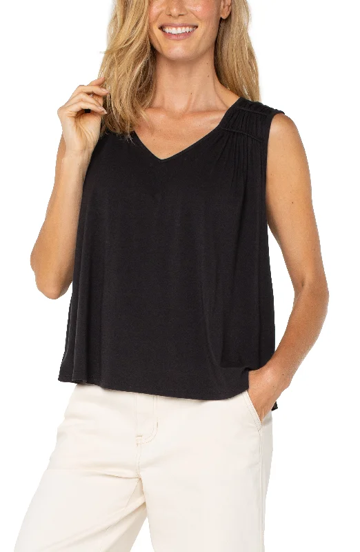 women's tops for those who love to dress up their casual looks with stylish topsSLEEVELESS SHIRRED DETAIL KNIT TOP