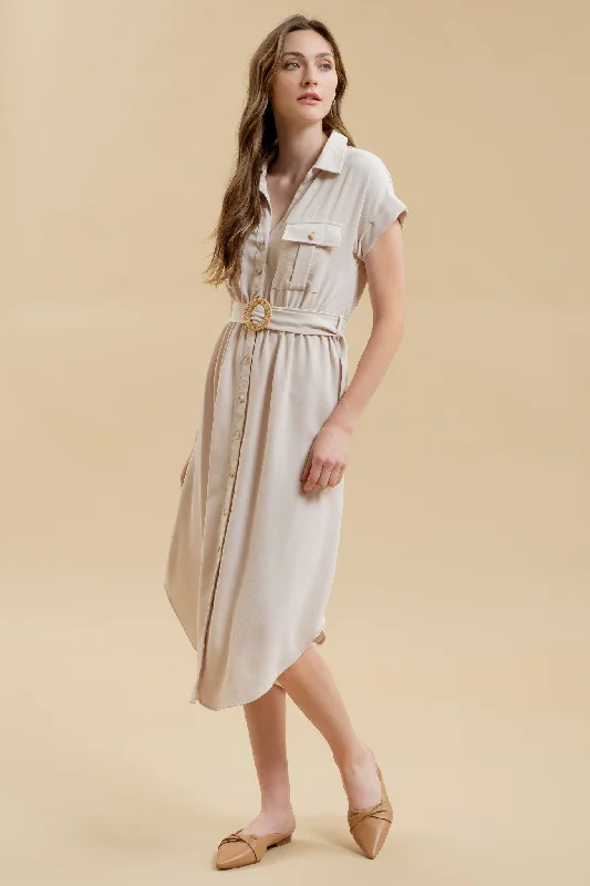 women's wrap dressesCollared Button Down Belted Dress - Light Khaki