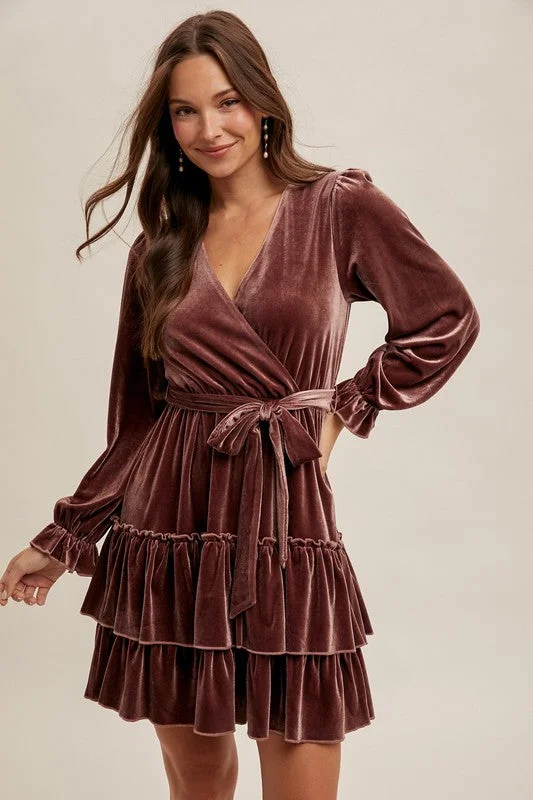 women's floral dressesIZZY VELVET SURPLICE LONG SLEEVE RUFFLED DRESS