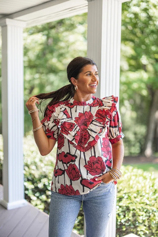 Tea-Length DressAbstract Blooms Red Floral Top