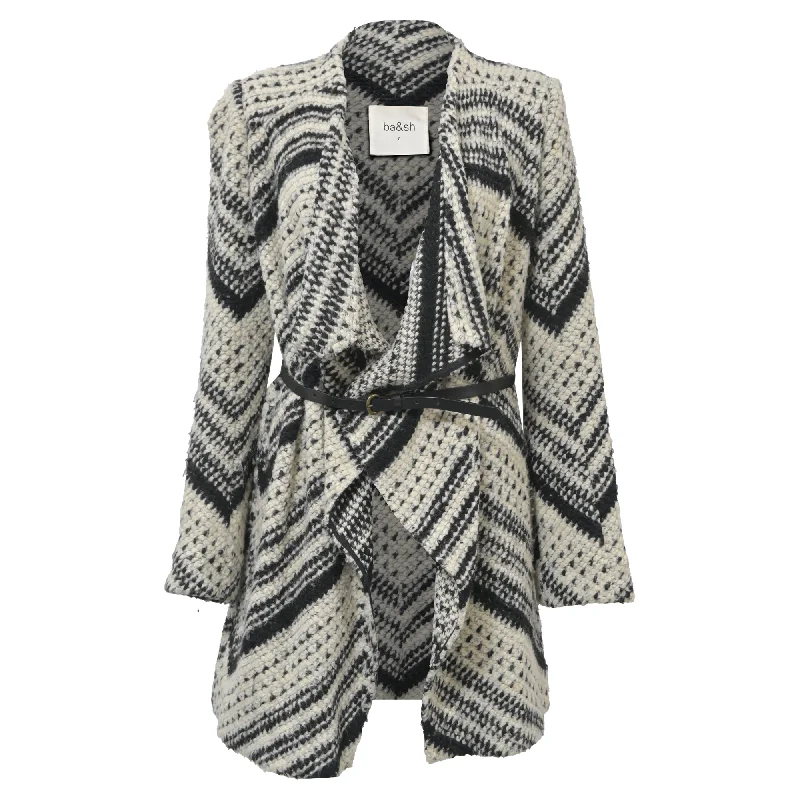 Wool SweatersBa&Sh Ilda Open Knit Belted Cardigan in Black and White Polyester