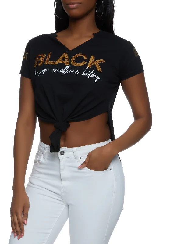 women's tops for picnics in the parkBlack Sequin Knot Front Graphic Tee