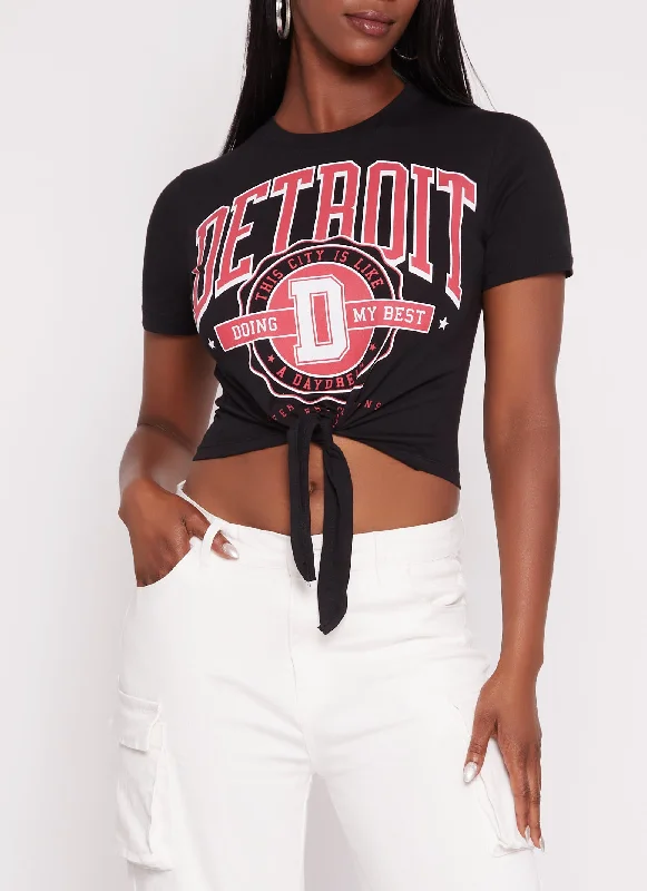 women's tops with flutter sleevesDetroit Tie Front Graphic T Shirt