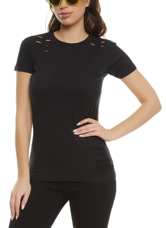 women's tops in solid colorsLaser Cut Crew Neck Tee