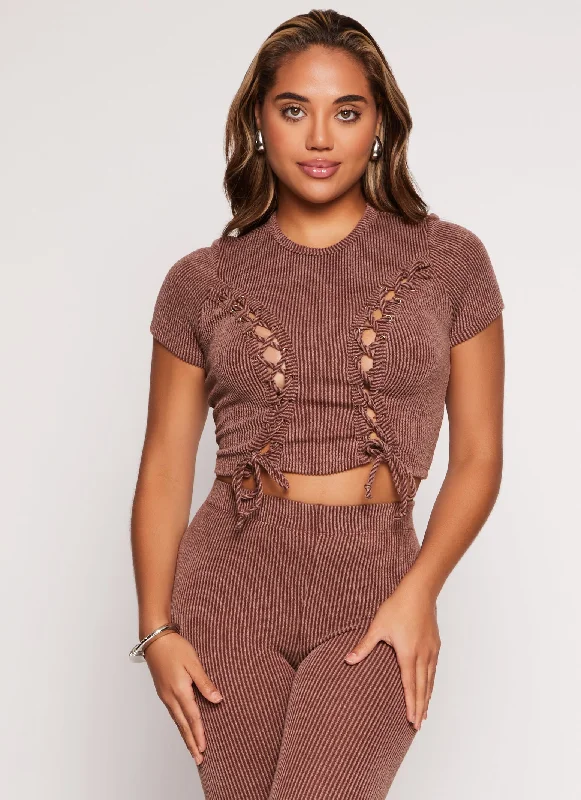 women's tops with beading accentsRibbed Knit Ruched Lace Up Crop Top