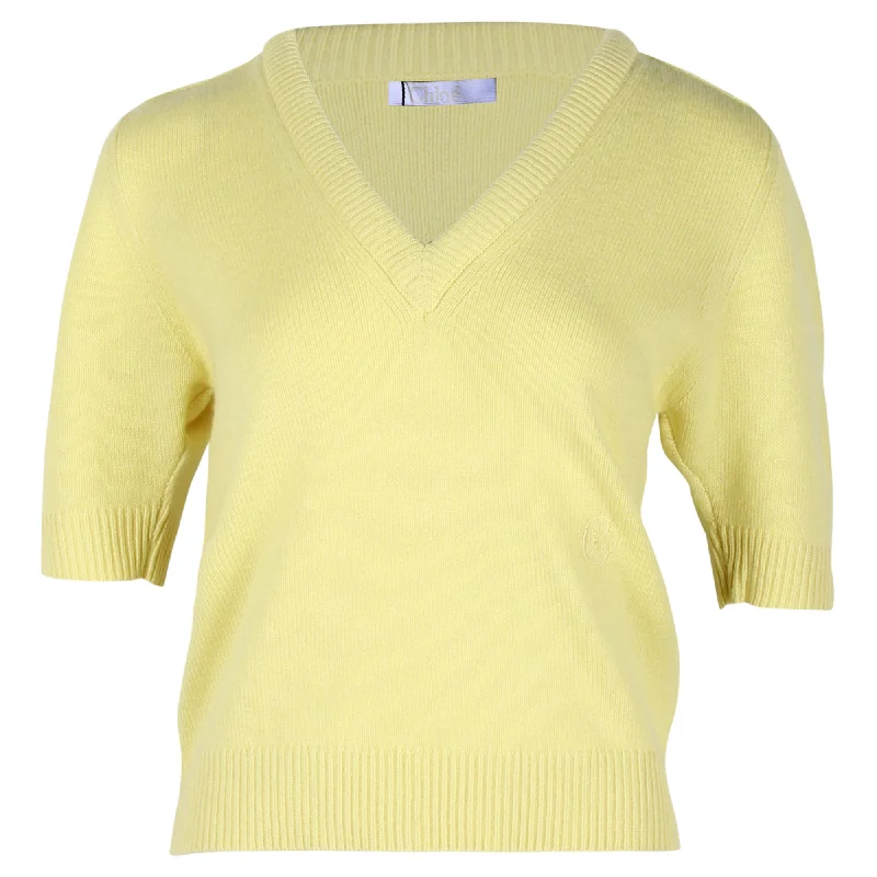 Cozy Embellished SweatersChloe Knitted V-Neck Top in Pastel Yellow Cashmere