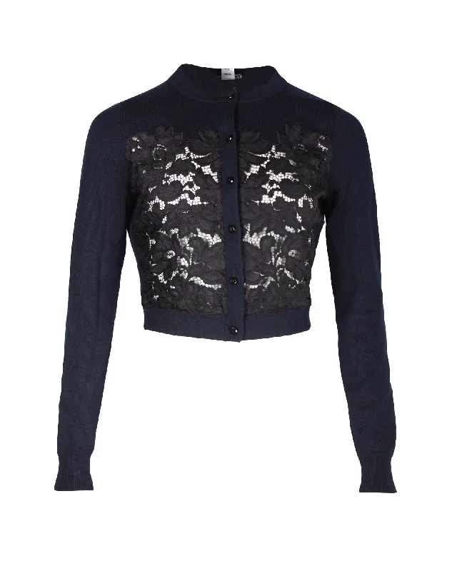 Oversized Cardigan SweatersDiane Von Furstenberg Lace Pattern Crew Neck Cardigan in Navy Blue Wool