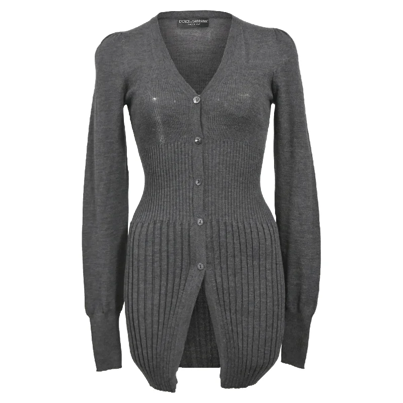 High-Quality Wool SweatersDolce & Gabbana Rib Knit Button Front Cardigan in Grey Wool